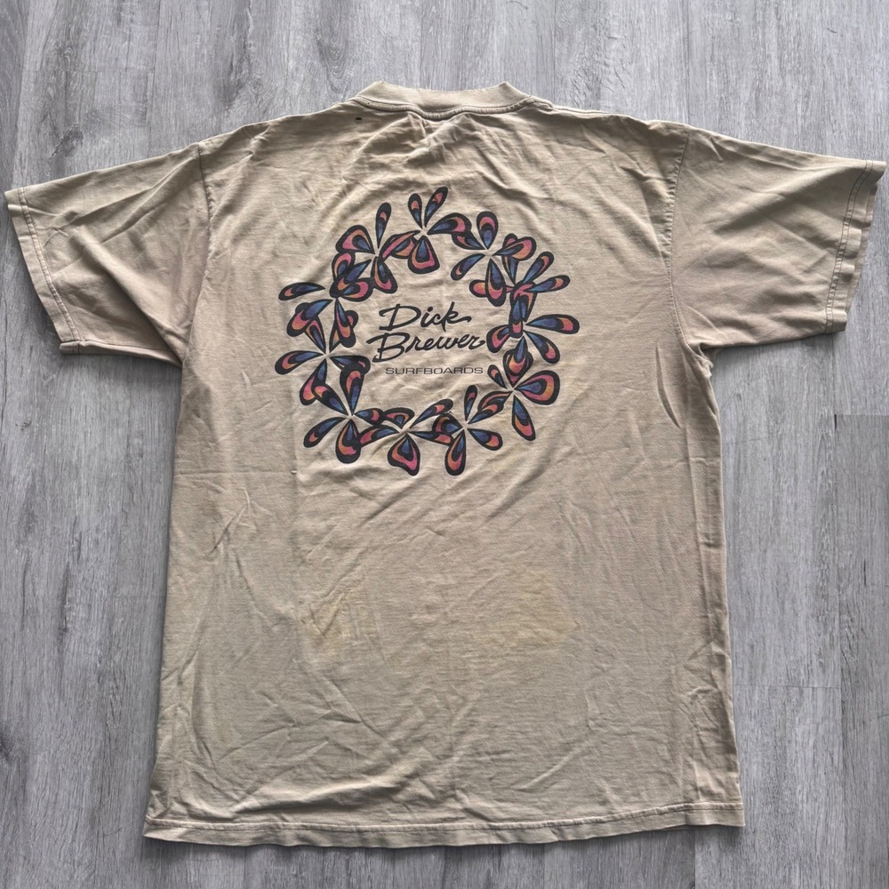 Vintage Dick Brewer Surfboards Graphic T-Shirt XL Tan Distressed Surf Tee